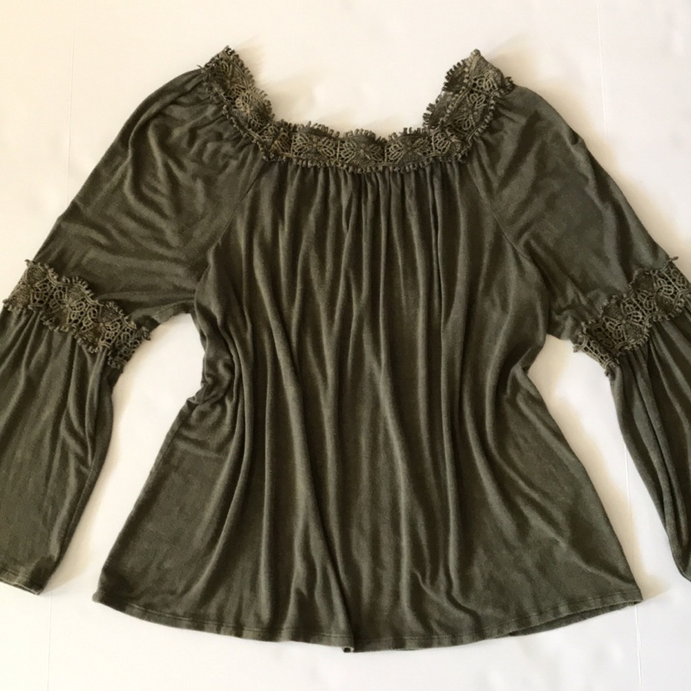 New Directions Boho Peasant-style Olive Bell Sleeve Knit Blouse XL Crochet Trim
